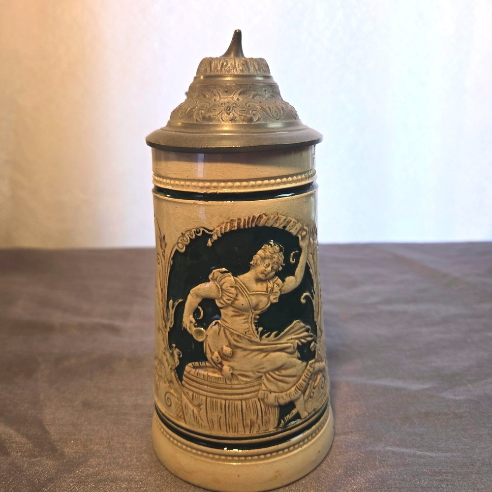 Vintage German Beer Stein with‎ Pewter Lid and Relief Scene